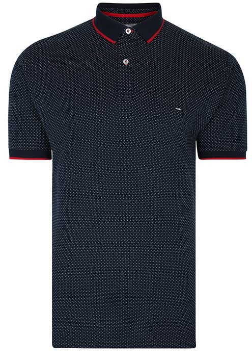 Peter Gribby Navy Patterned Cotton Polo shirt with Trim. Medium and XL Left