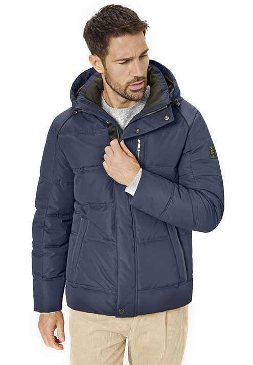 S4 Fashion Navy Quilted Casual Jacket. Embossed Fabric. Detachable Hood. Zipped and Studded Fastening