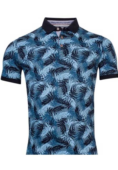 Baileys Blue Yarn Dyed Leaf Design Printed Short Sleeve Polo shirt.