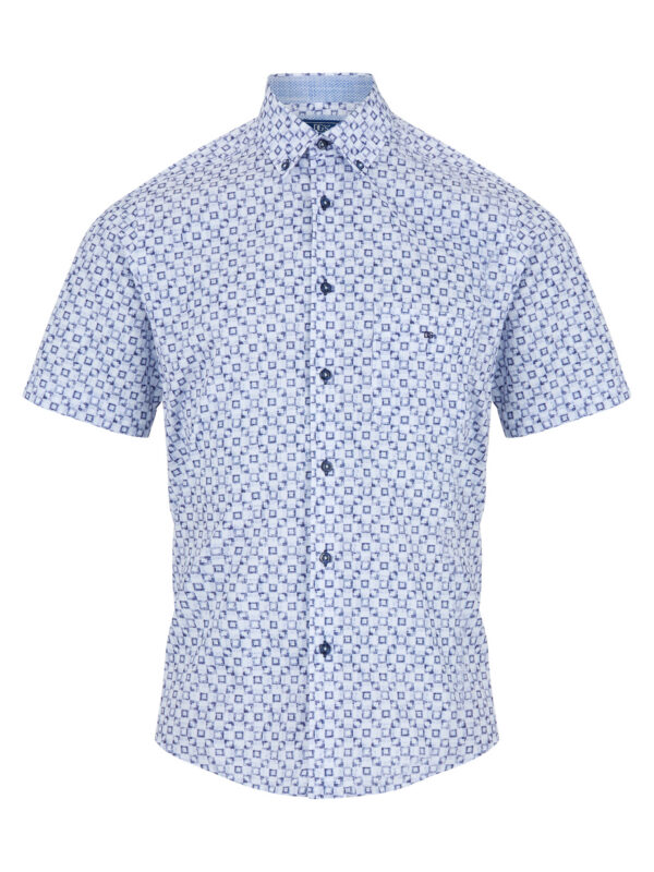 Douglas and Grahame Blue Printed Half Sleeve Button Down Collar Shirt. Large and XL Left