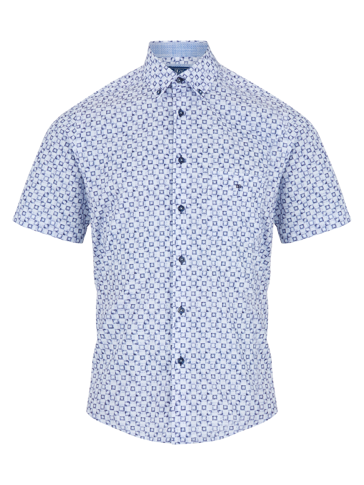 Douglas and Grahame Blue Printed Half Sleeve Button Down Collar Shirt. Large and XL Left