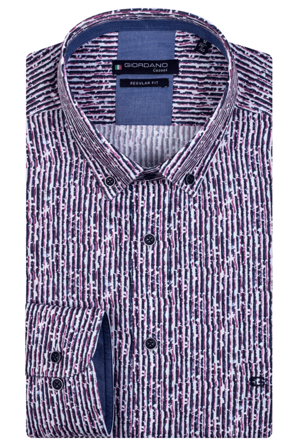Giordano Long Sleeve Red/Navy Printed Button Down Shirt. Modern Fit. Size Large Left