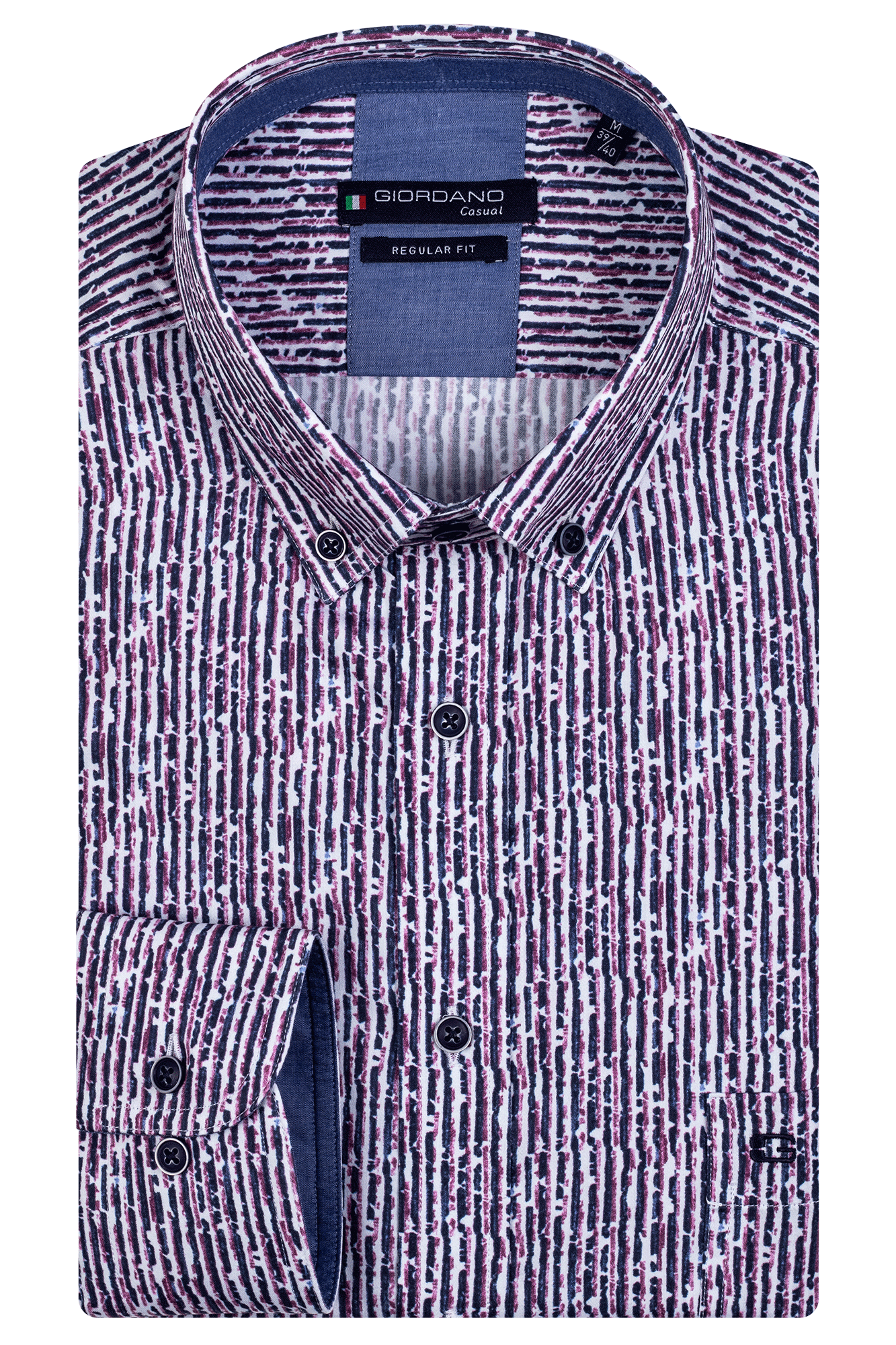 Giordano Long Sleeve Red/Navy Printed Button Down Shirt. Modern Fit. Size Large Left
