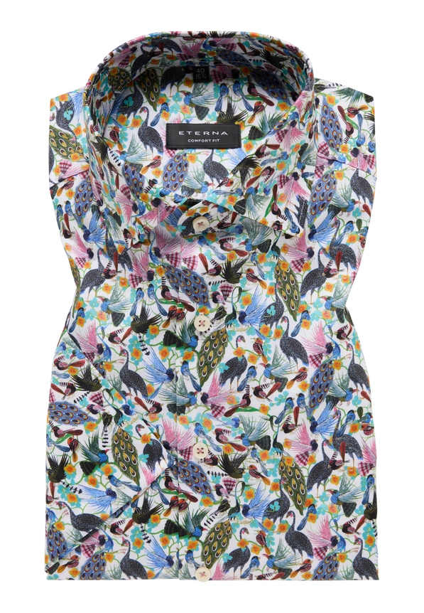 Eterna Short Sleeve Multicoloured Printed Non Iron Shirt. Comfort Fit