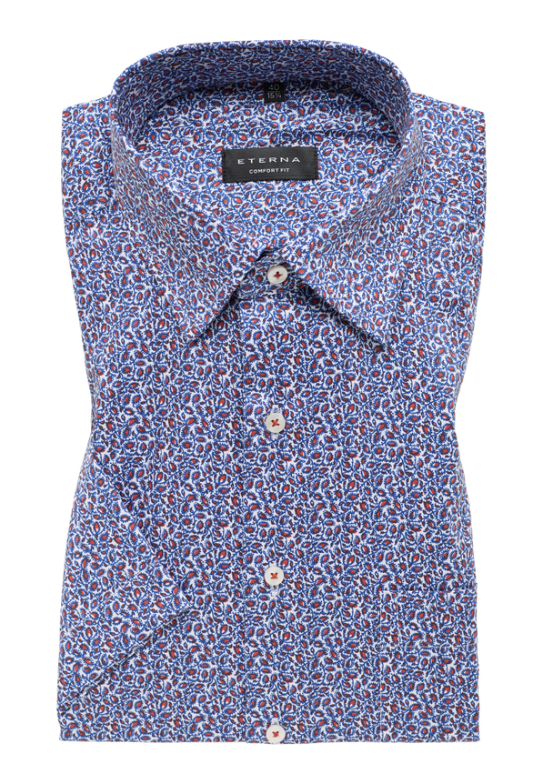 Eterna Navy and Red Printed Short Sleeve Non Iron Cotton Shirt. Comfort Fit