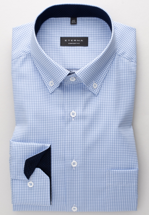 Eterna Blue Fine Check Button Down Long Sleeve shirt. Comfort Fit