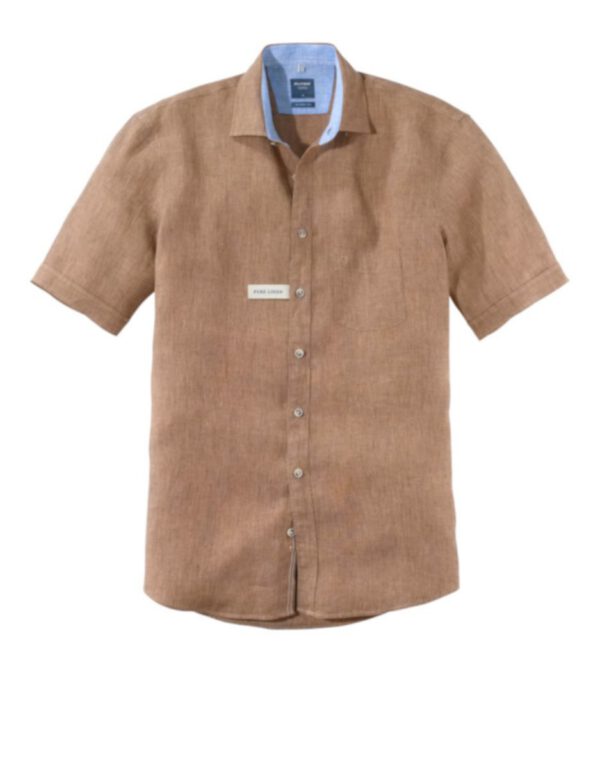 Olymp Pure Linen Caramel Half Sleeve Shirt with Trim. Modern Fit