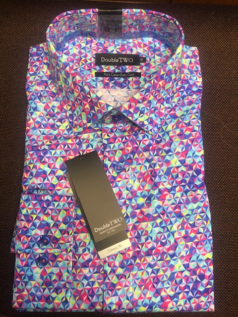Double Two Long Sleeve Multicoloured Kaliedoscope Patterned Shirt. Classic Fit 18.5" and 19.5"